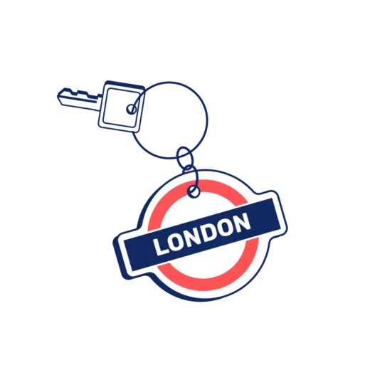An illustration of a key, with a key ring that says 'London'