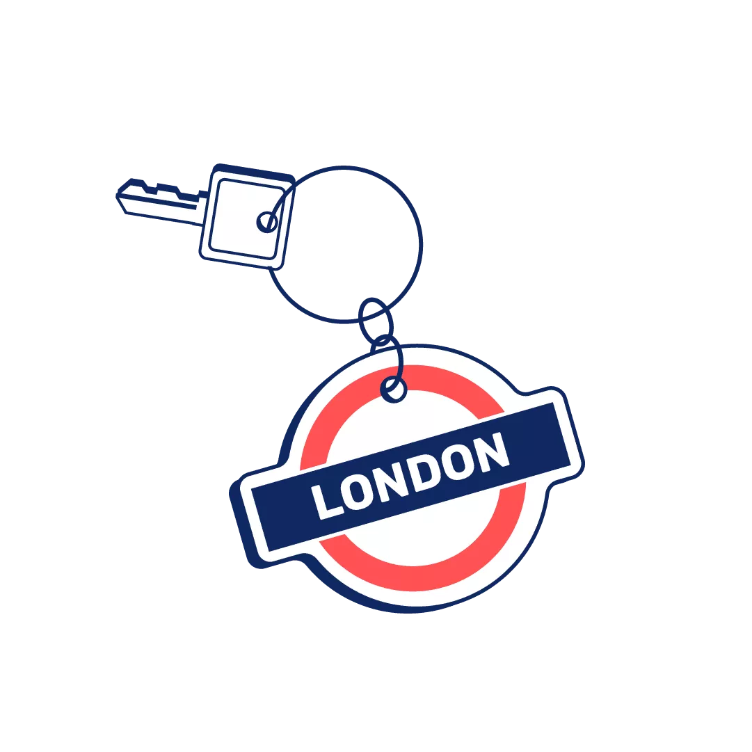 An illustration of a key, with a key ring that says 'London'