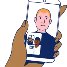 Ilustración de una mano sosteniendo un teléfono inteligente, en la pantalla un miembro del personal y un joven están hablando con una persona por videochat.