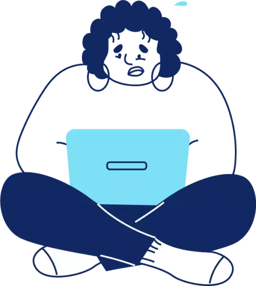 An illustration of a young woman sat cross legged looking at a laptop, she looks stressed.
