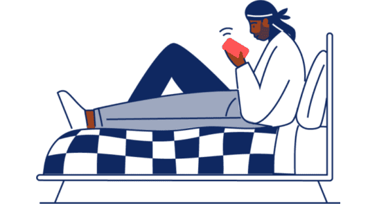 Una ilustración de un joven negro sentado en una cómoda cama mirando su teléfono