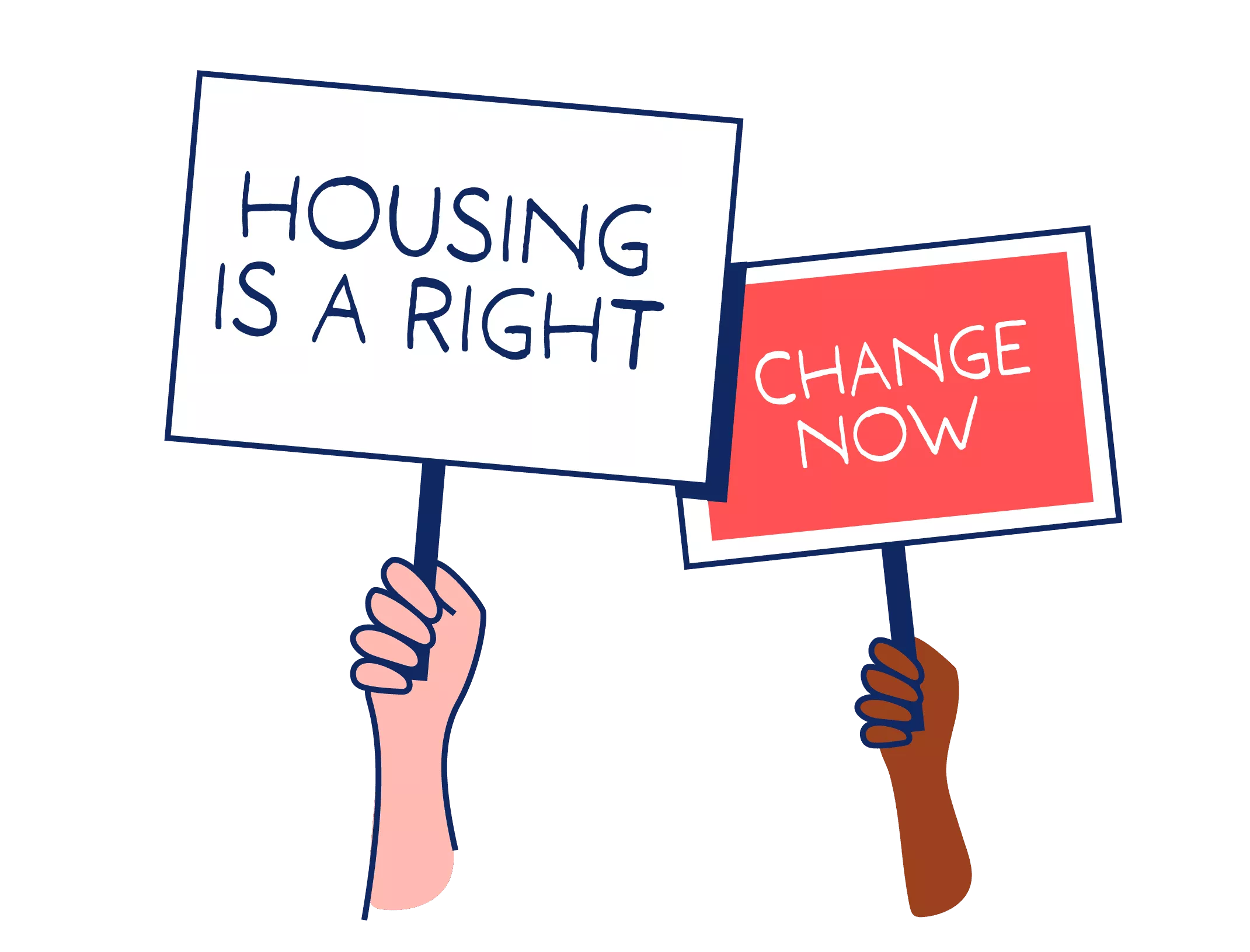 An illustration of two hands holding protest signs that read 'Housing is a right' and 'Change now.'