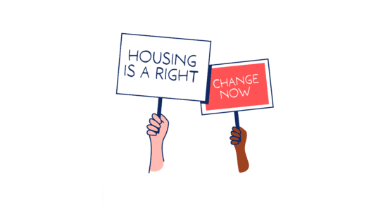 An illustration of two hands holding protest signs. One reads 'Housing is a right' and the other reads 'Change now.'