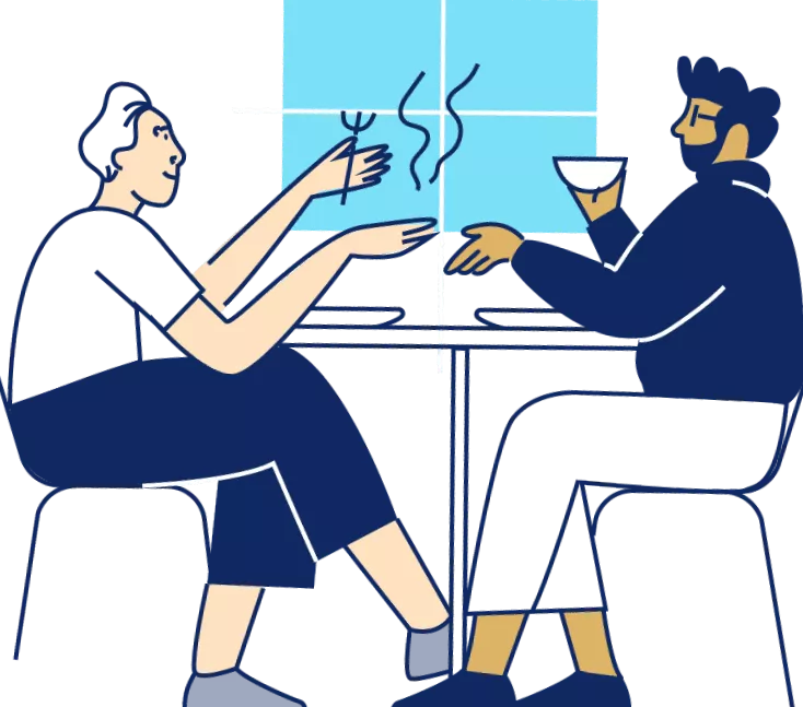 An illustration of two people sat at a table, chatting and holding mugs