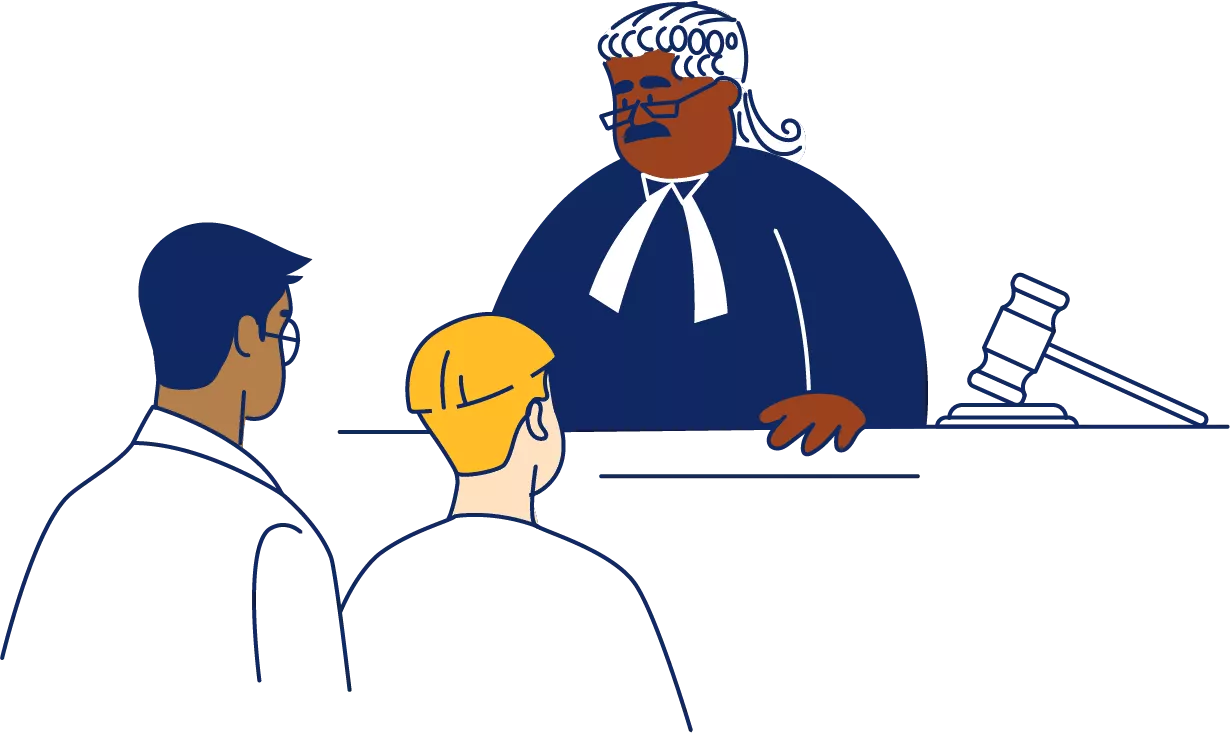Illustration of a NHYC staff member and a young person in front of a judge in a court room