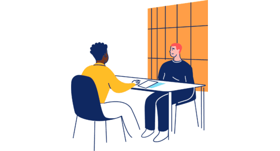 An illustration of a young person in prison sat across the table from an older person.