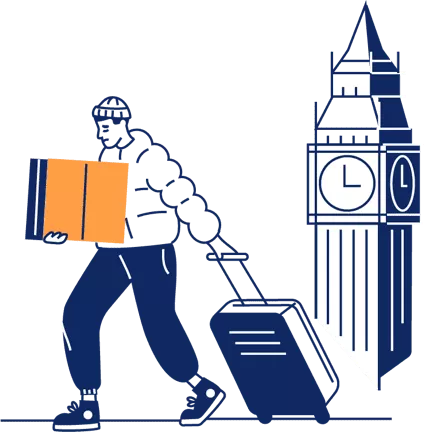 A man carrying a box and a suitcase with big ben in the background