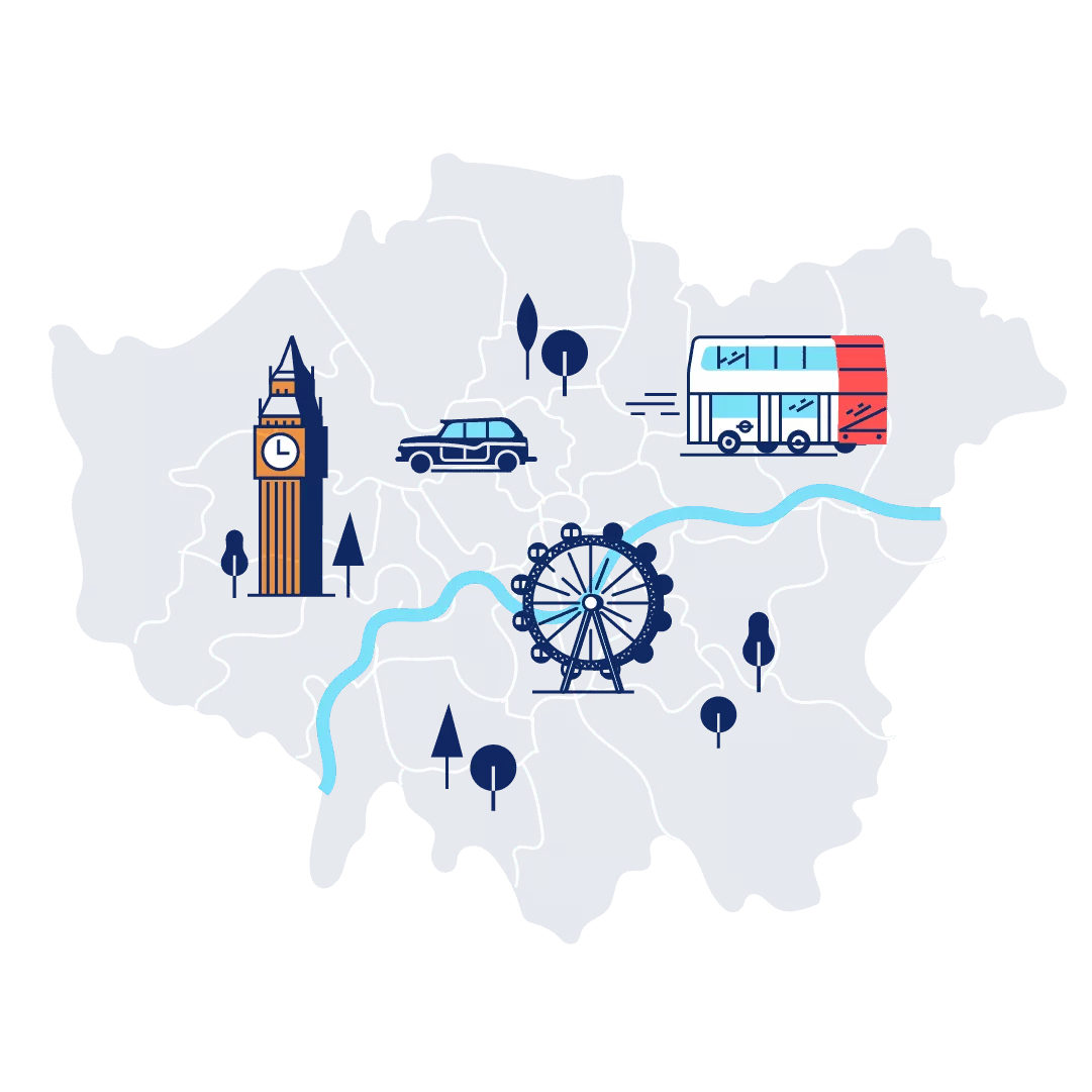 Grey map of London with Big Ben, London Eye, a black cab and a bus highlighted in colour.