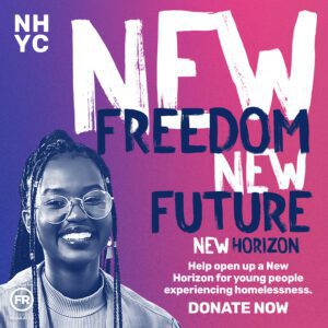 Pink and purple graphic showing a black young woman smiling. New Freedom, New Future is written in the background