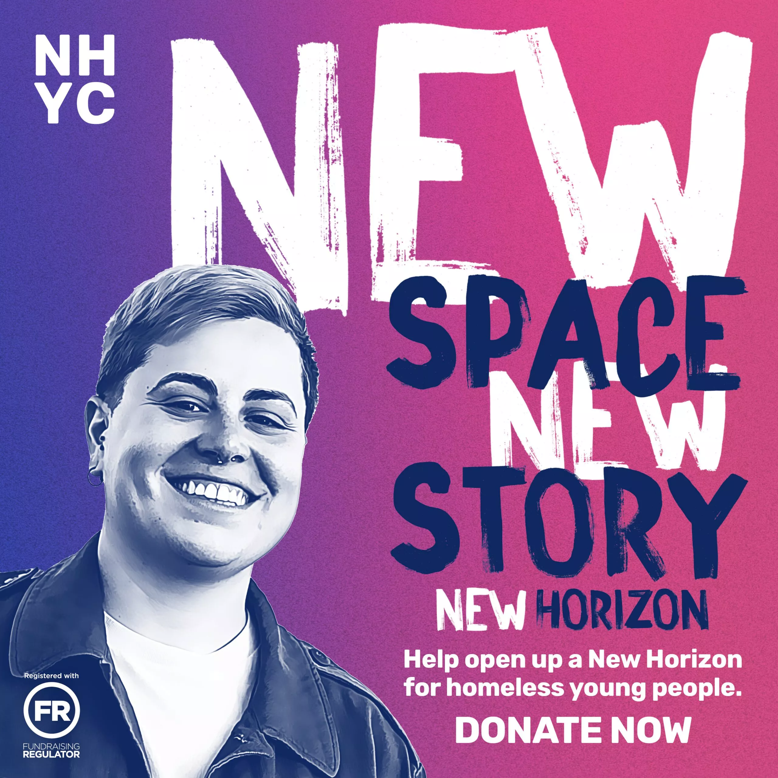 New space, new story. A young white person smiling with short dyed hair