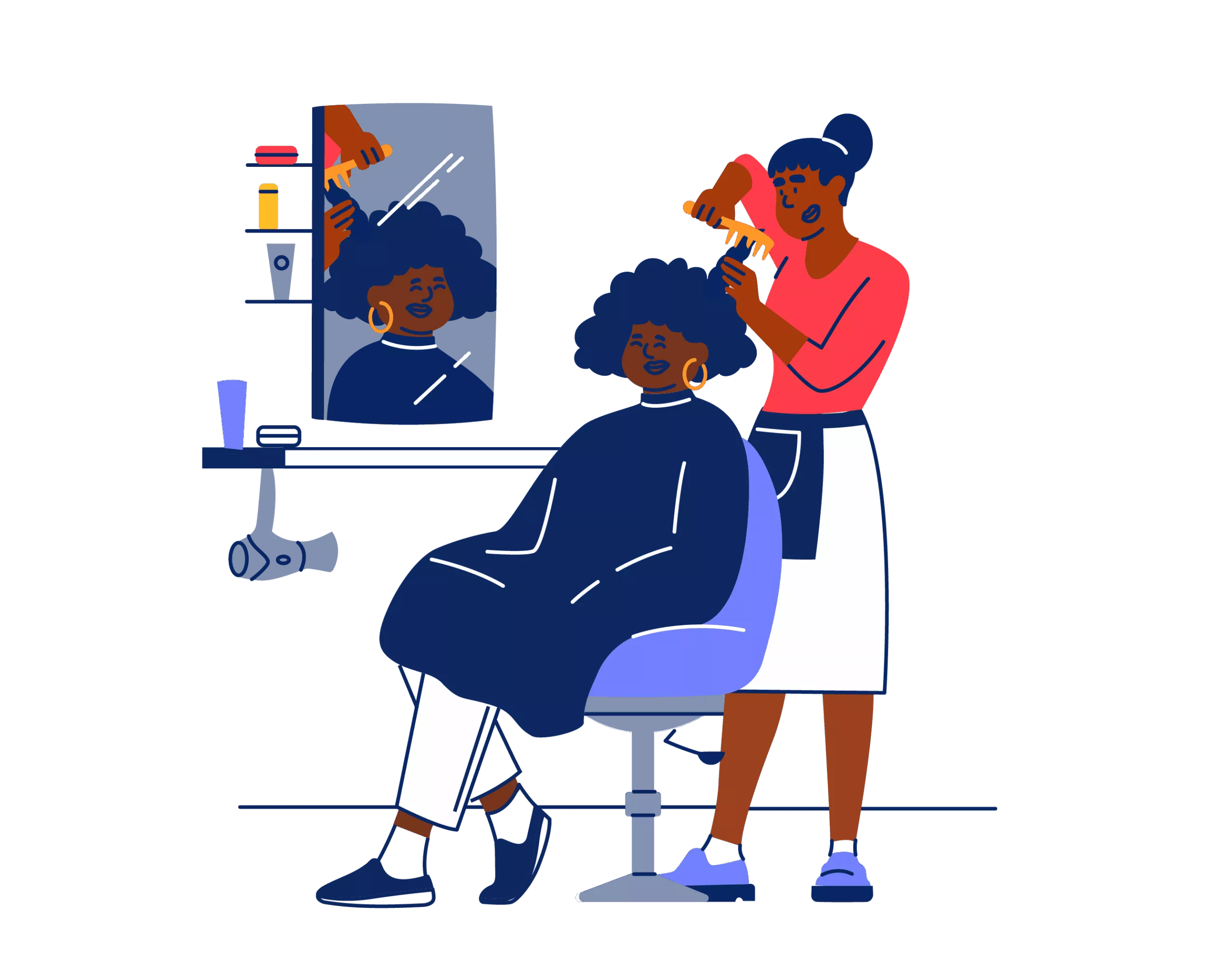 Illustration of a person in a hair salon with afro hair