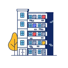 illustration of a block of 10 flats with different colour front doors