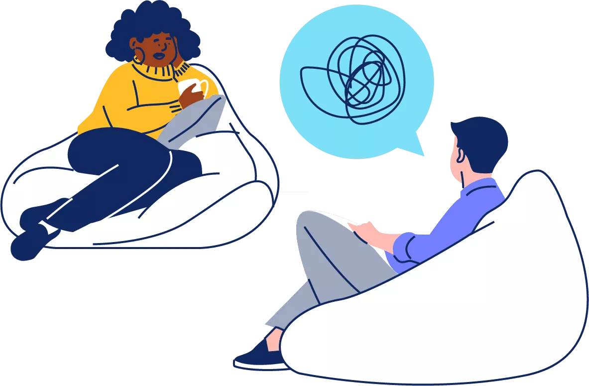 Illustration of 2 people sitting and talking on bean bags