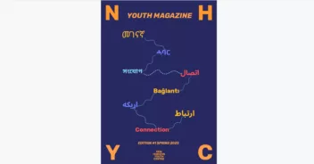 Screenshot of the front cover of the Zine. It is dark blue with words for connection in different languages and colours