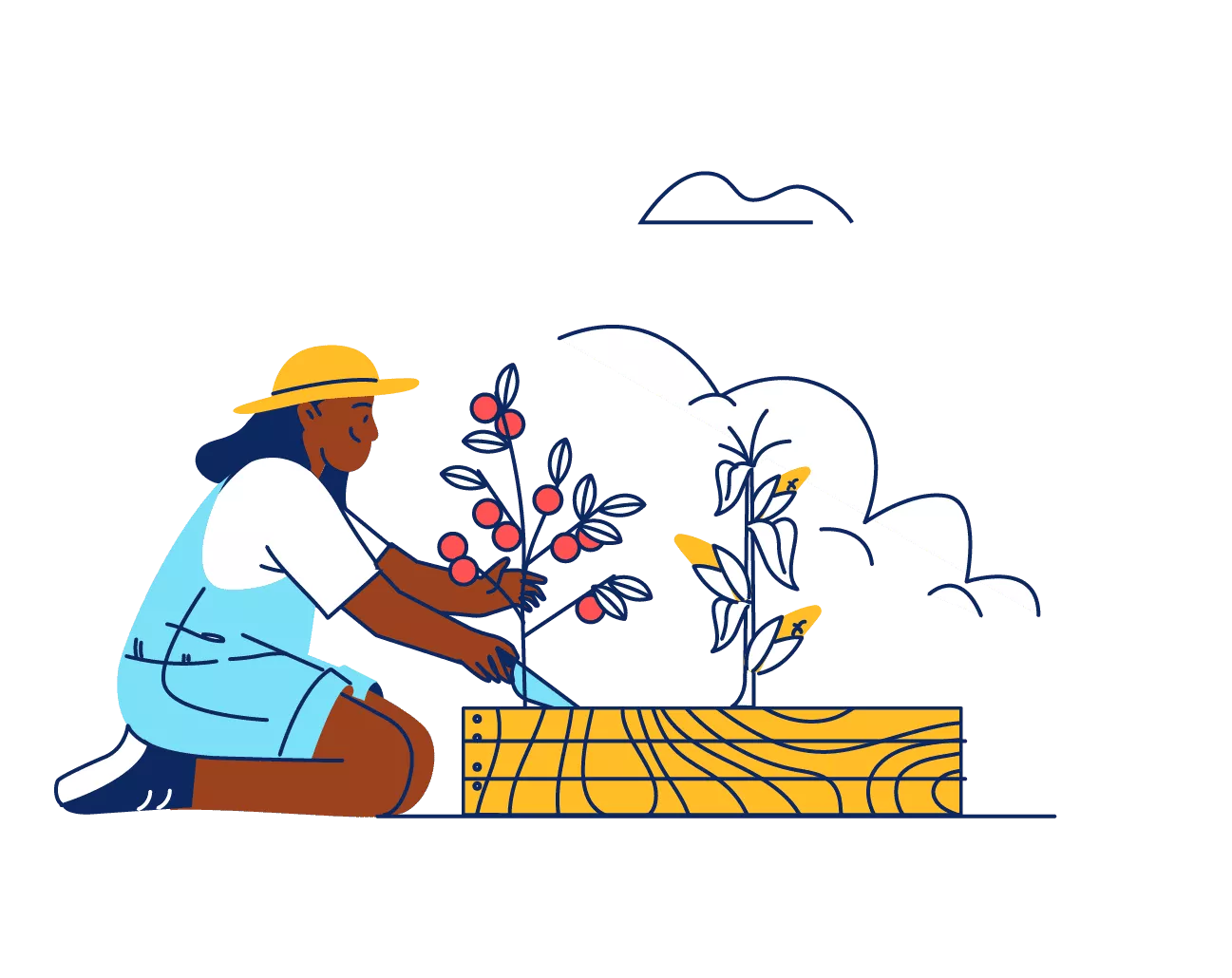 Illustration of a young person gardening with a trowel and a tomato plant in a vegetable bed