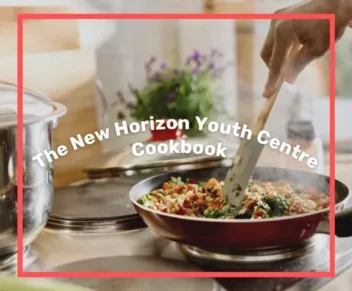 Front cover of the New Horizon Cookbook with a person stirring a pan and a red box over it