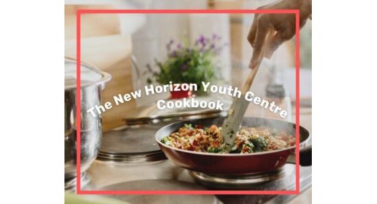 Front cover of the New Horizon Cookbook with a person stirring a pan and a red box over it