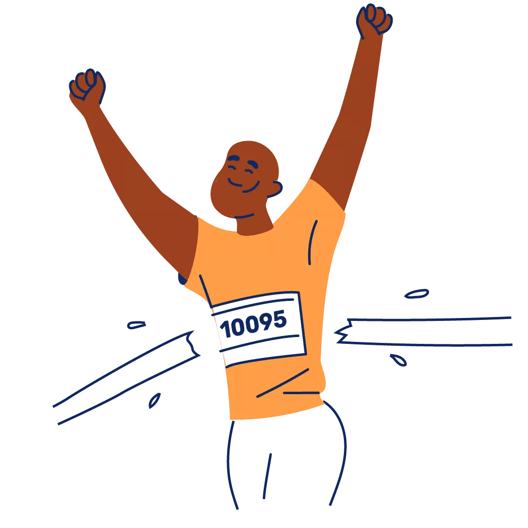 Illustration of a man running through a finishing line with his arms in the air, wearing a running top with a race number attached