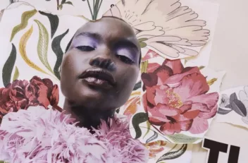 Collage on white paper with cut outs from magazines with flowers, a woman's face and words